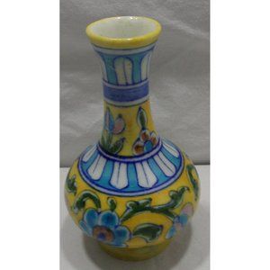 Vtg Jaipur Yellow Pottery Vase/Vessel Hand Painted & Signed on Bottom 4 3/4"